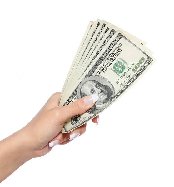 Pénzzel a kezében elszigetelt fehér, dollár számlák — Stock Fotó