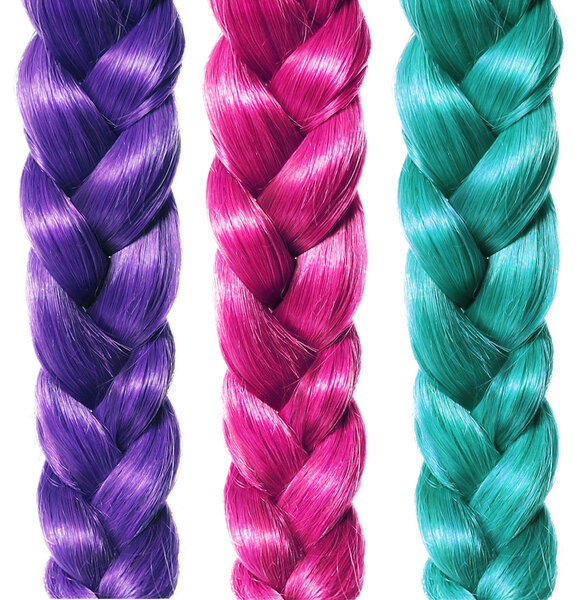 fashion braid hair, three colored plaits isolated on white background