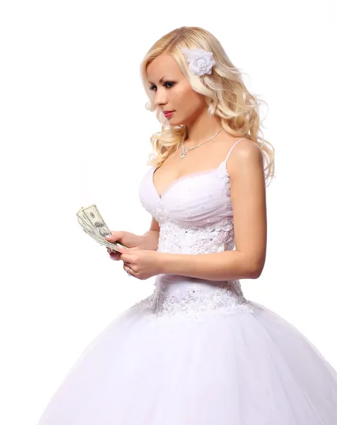 Bride with money. holding and counting dollars bills. beautiful blonde young woman isolated on white background. concept — Stock Photo, Image