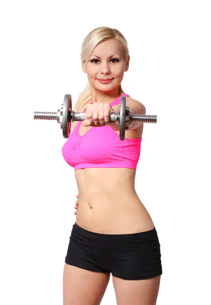 Fitness meisje met dumbbell. Gelukkig blonde jonge vrouw tillen gewichten, geïsoleerd op witte achtergrond — Stockfoto