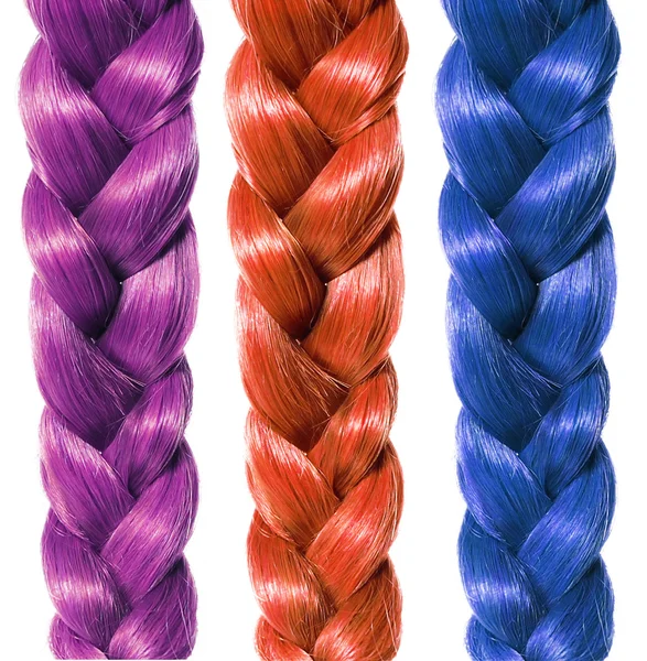 Μόδα μαλλιά πλεξούδα, τρία χρωματιστά καλωδιώσεις που απομονώνονται σε λευκό φόντο — Φωτογραφία Αρχείου