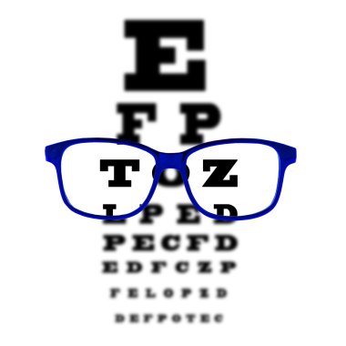 Beyaz arka plan izole mavi göz gözlük ile görülen göz görme test grafik.