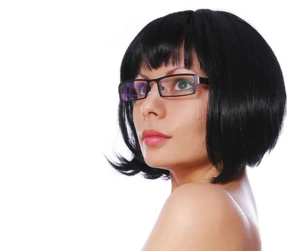 Brunette with sexy eye glasses and stylish short bob hairstyle isolated on white. — Stok fotoğraf