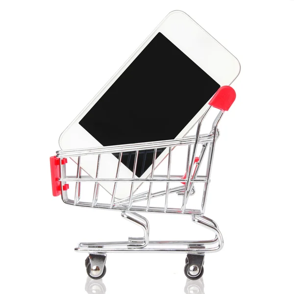 Mobiele telefoon in uw winkelwagen geïsoleerd op wit. mobiele telefoon in trolley koffer. concept — Stockfoto