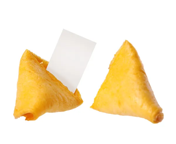 Broken fortune cookie with blank slip isolated on white background. — Stock Photo, Image