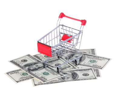 alışveriş sepeti üzerine beyaz izole banknotlar üzerinde. para ttrolley. kavram