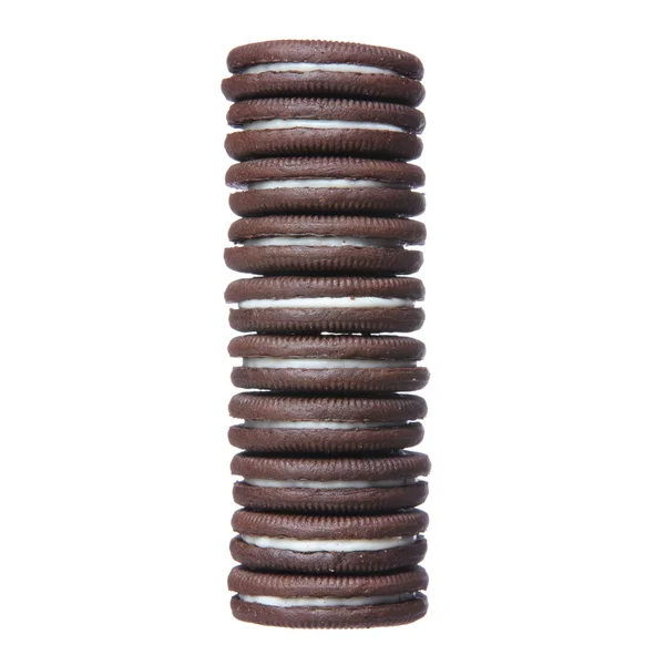 Oreo. choklad cookies med grädde fyllning tower isolerad på vit bakgrund. — Stockfoto