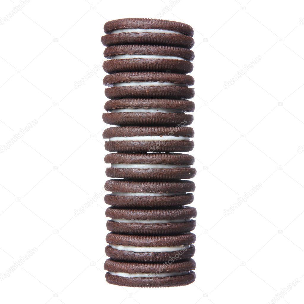 Oreo. Chocolate cookies with cream filling tower isolated on white background.