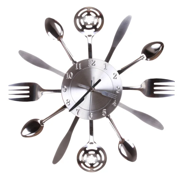 Reloj de cocina con cucharas y tenedores. Concepto. El tiempo pasa en la cocina — Foto de Stock