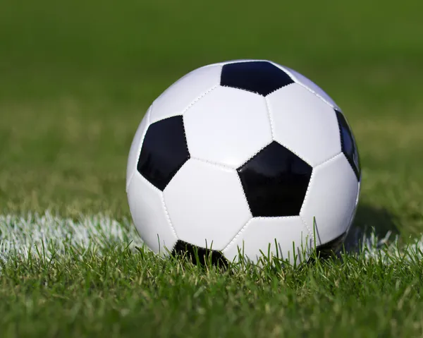 Pallone da calcio in campo con yard line. Calcio su erba verde — Foto Stock