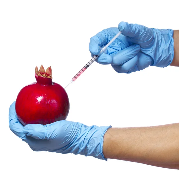 Genetic injection into pomegranate isolated on white background. Genetically modified fruit and syringe in his hands with blue gloves — Stock Photo, Image