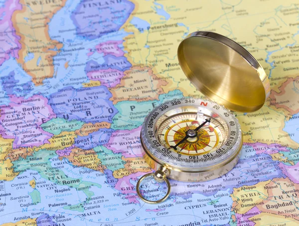 Gold compass on map of Europe — Stock Photo, Image