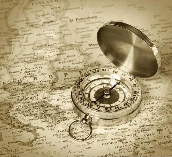 Compass on map of Europe. Retro — Stock Photo, Image