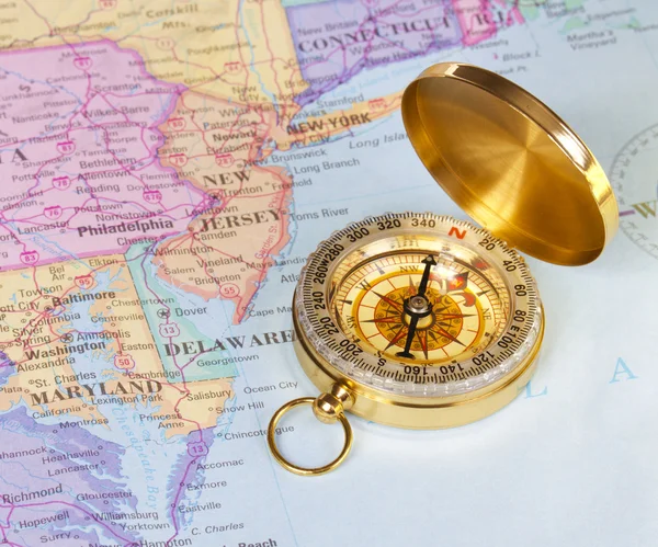 Gold compass on map of United States — Stock Photo, Image