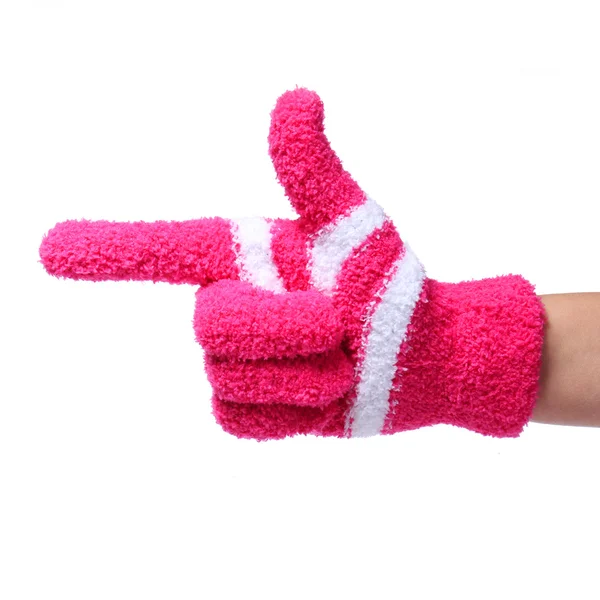 Pointing hand in knitted glove showing direction isolated on white — Stock Photo, Image