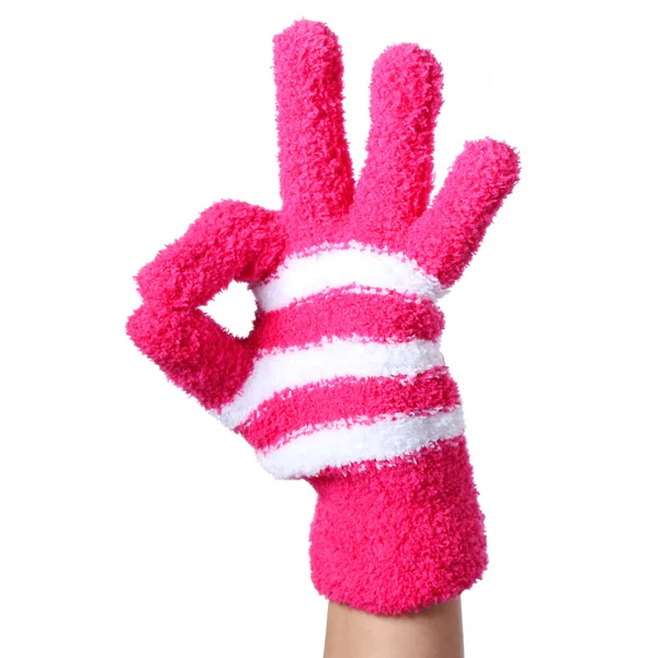 Ok sign. Hand in Knitted Gloves isolated on white background — Stock Photo, Image