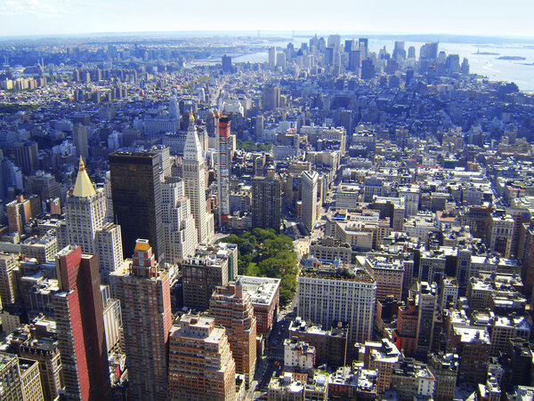 New York City, Manhattan Skyline aerial panorama view with skyscrapers.