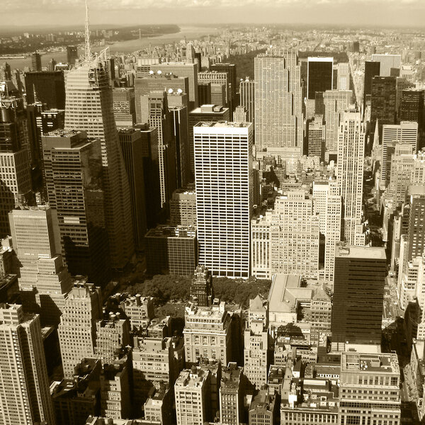 New York City, Manhattan Skyline aerial panorama view with skyscrapers. Black and White