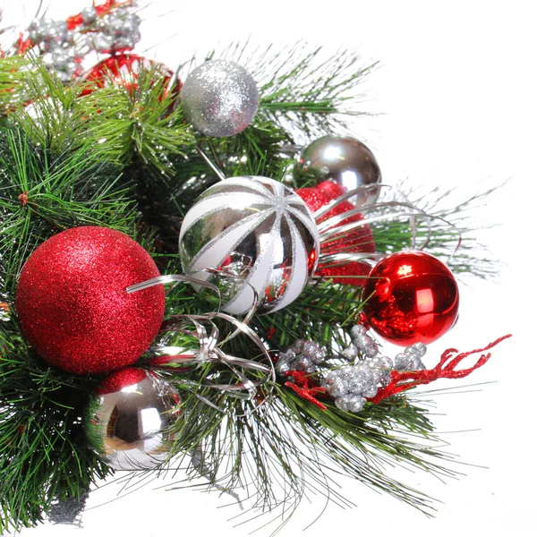 Christmas Decoration. Red and Silver Balls on Christmas tree bra — Stock Photo, Image