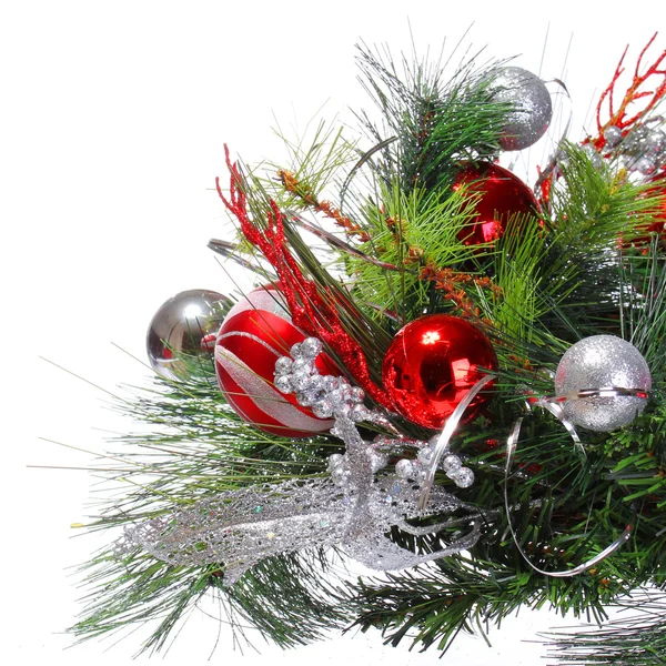 Christmas Decoration. Red Balls on Christmas tree branch isolate — Stock Photo, Image