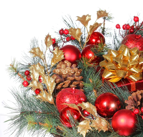 Christmas Decoration. Red Bolls on Christmas tree branch and gif — Stock Photo, Image
