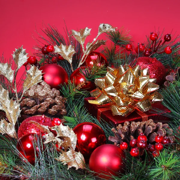 Decoração de Natal. Ramo de árvore de Natal com bolls vermelhos e g — Fotografia de Stock