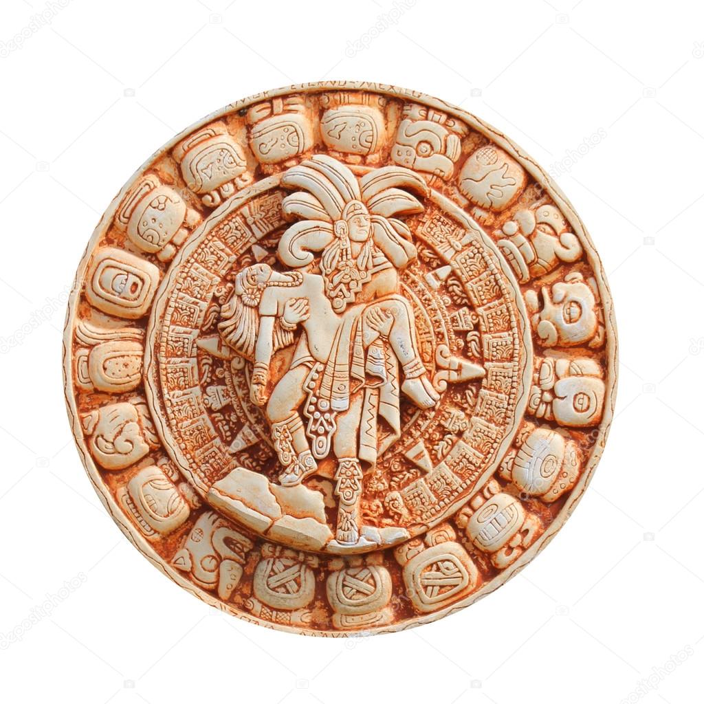 Mayan calendar on clay plate, isolated on white. Glyphs