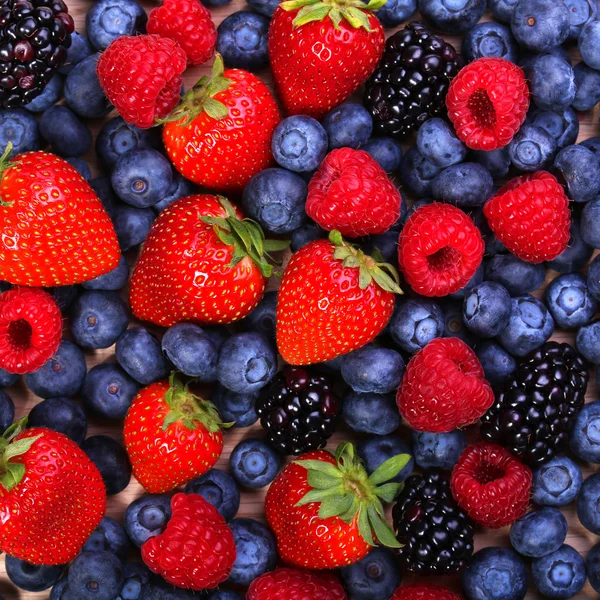 Antecedentes bayas. Fresas, Arándanos, Frambuesas, Moras —  Fotos de Stock