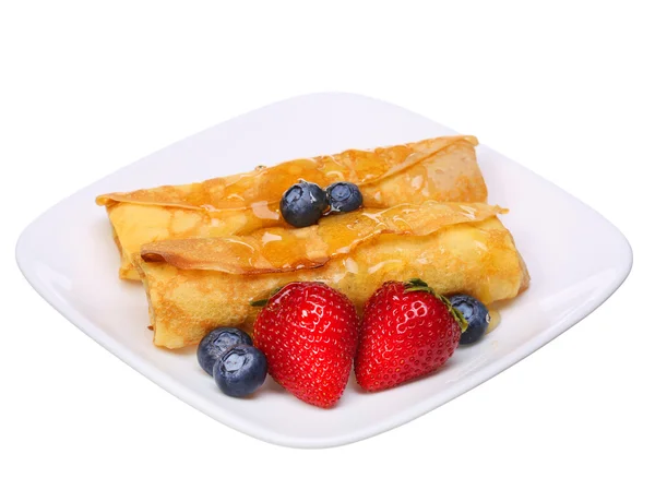 Crepes with Berries. Rolled Pancakes with Strawberry, Blueberry — Stok Foto