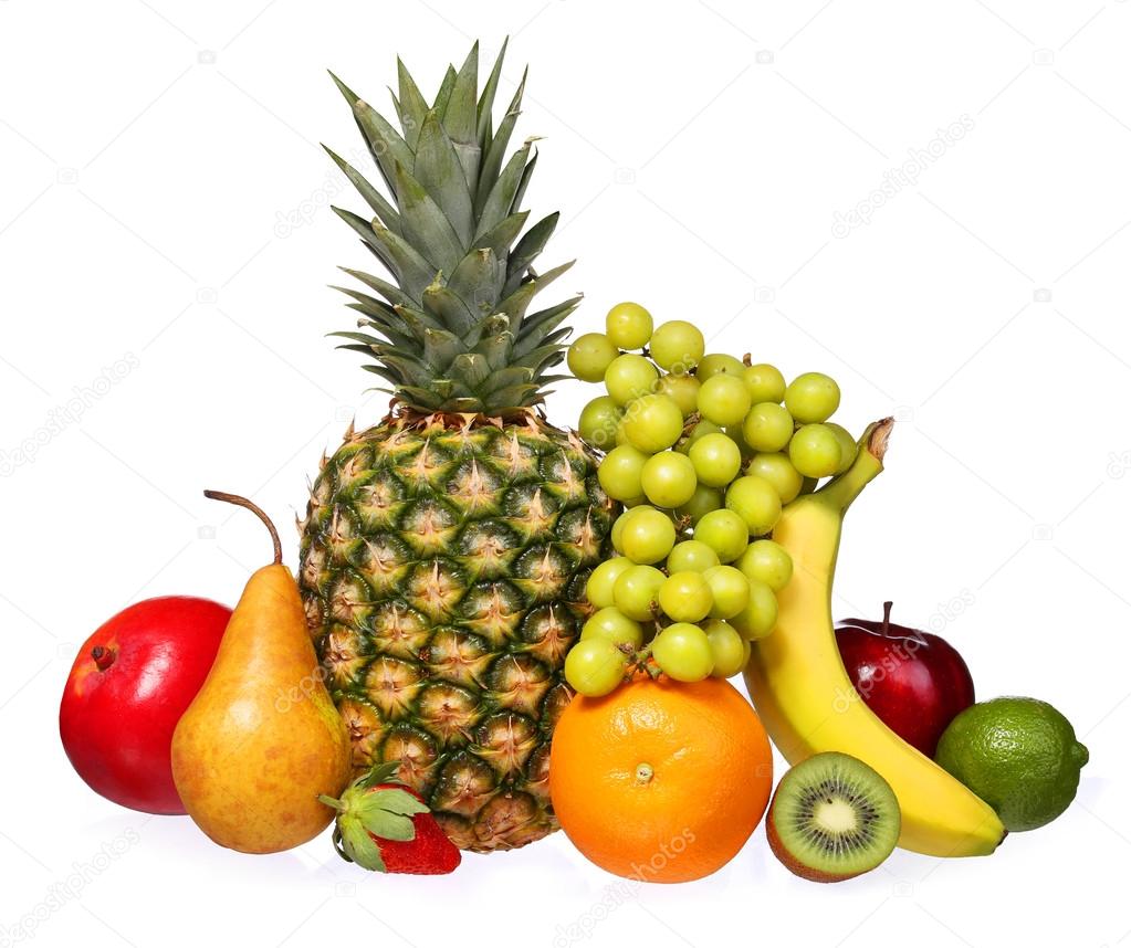 Fruits isolated on white. Assorted tropical fresh fruits.