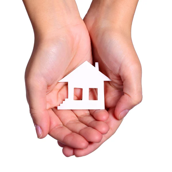 Paper House in Female Hands isolated on White Background — Stock Photo, Image