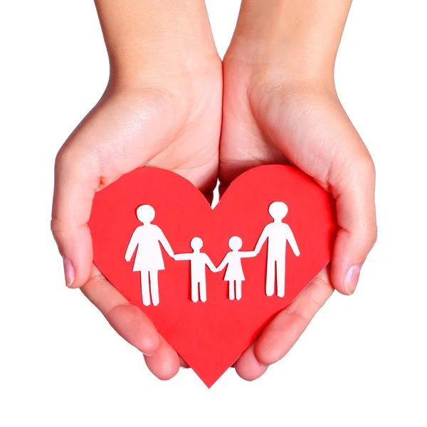 Paper family and Heart in hands isolated on white background — Stock Photo, Image