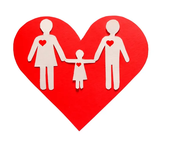 Papírové rodina v červené srdce izolovaných na bílém. láska a rodina — Stock fotografie