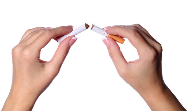 Руки женщины разбивают сигарету пополам, изолированно на белом. Хватит.

