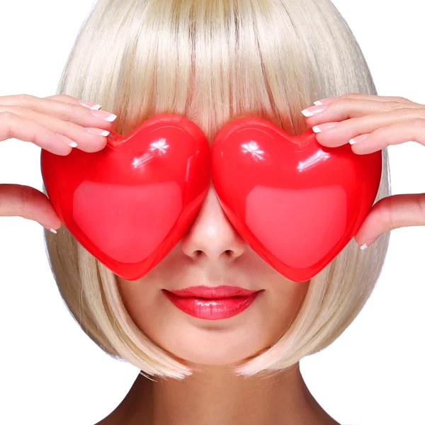 Fashion Blonde Girl with Red Hearts in Valentines Day. Glamorous — Stock Photo, Image