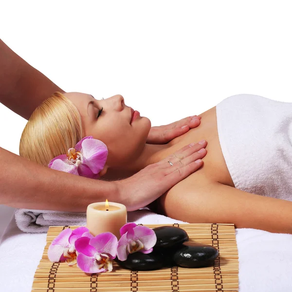 Spa Massage. Beautiful Blonde Woman Getting Body Massage — Stock Photo, Image