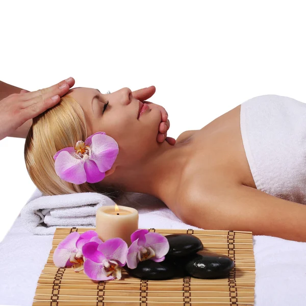 Spa. Beautiful Blonde Woman Getting Facial Massage, isolated — Stock Photo, Image