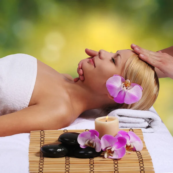 Spa. Beautiful Blonde Woman Getting Facial Massage. Outdoor — Stock Photo, Image