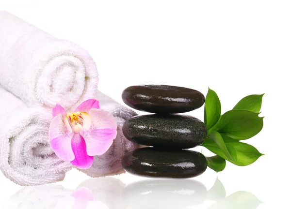 Spa setting. Spa Stones and Pink Orchid Flower with Green Leaves — Stock Photo, Image
