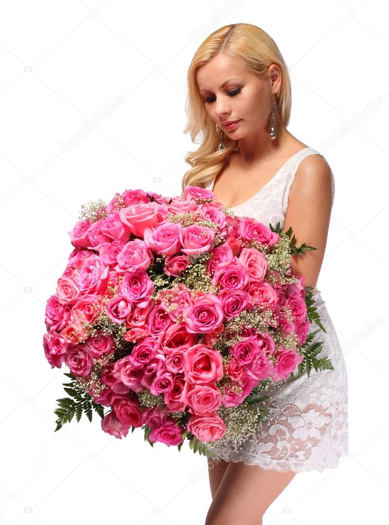Blonde Girl with Huge Bouquet of Roses. Beautiful Young Woman