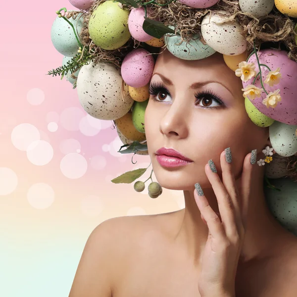 Easter Woman. Spring Girl with Fashion Hairstyle — Stock Photo, Image