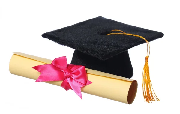 Black Graduation Cap with Degree isolated on White Background — Stock Photo, Image