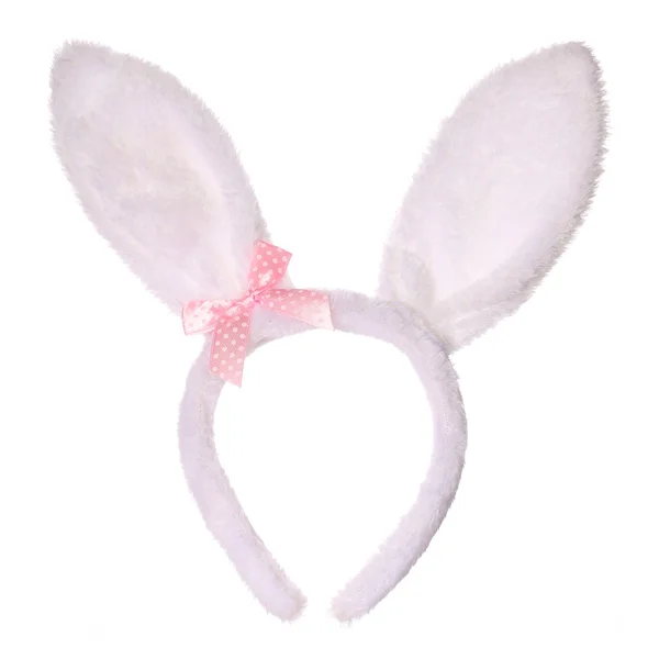 Easter bunny oren met roze boog geïsoleerd op witte achtergrond — Stockfoto