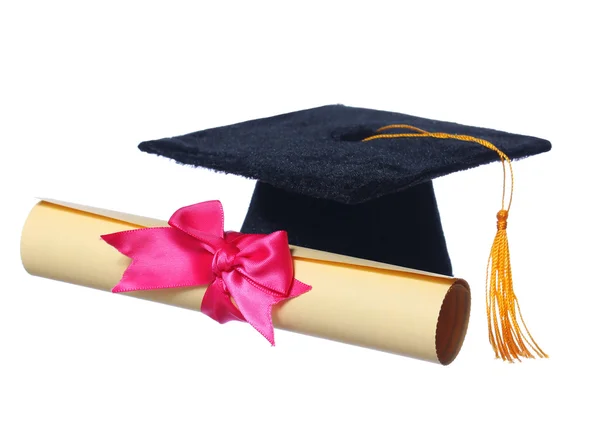 Black Graduation Cap with Degree isolated on White Background — Stock Photo, Image