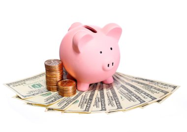 kumbara üzerinde beyaz izole para ile. dolar faturaları