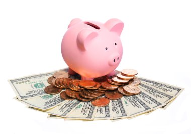kumbara üzerinde beyaz izole para ile. dolar faturaları