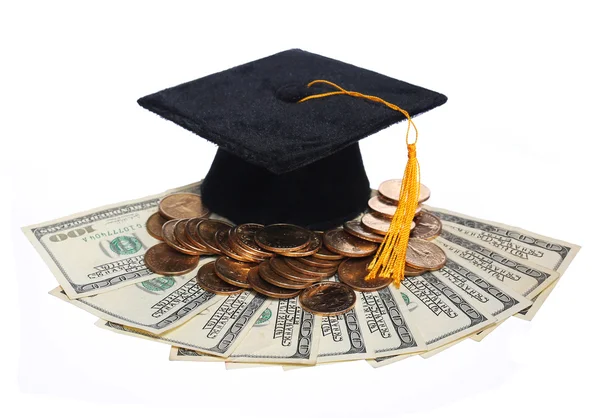 Siyah mezuniyet kep ve izole para. — Stok fotoğraf
