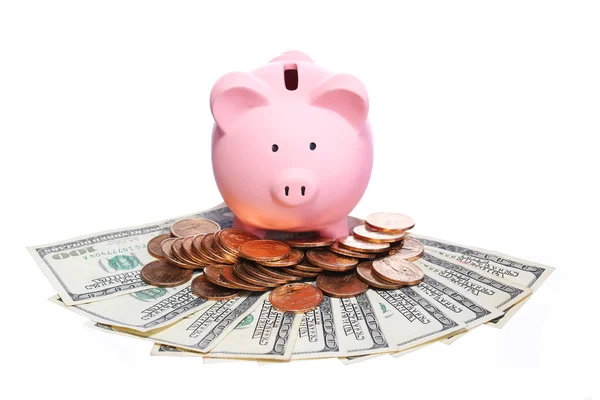 Piggy Bank com dinheiro isolado em branco. Dólar Contas — Fotografia de Stock