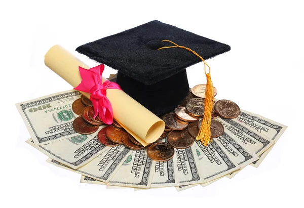 Siyah mezuniyet kep ve derecesi ile izole para. — Stok fotoğraf