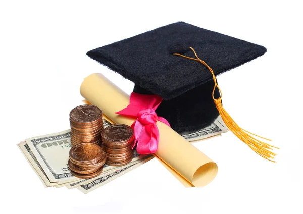 Black Graduation Cap and Degree with Money isolated. — Stock Photo, Image